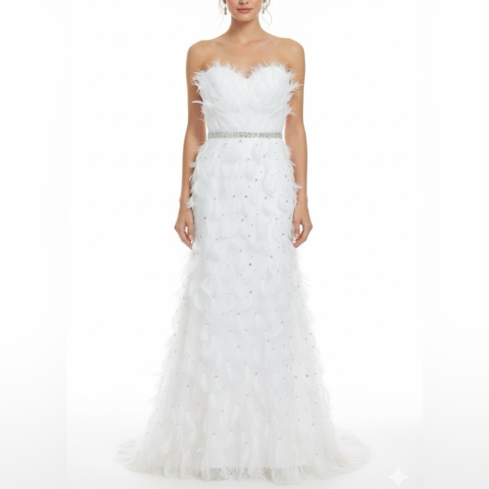 NWT Mac Duggal White Feather Rhinestone Sweetheart Strapless Gown Dress Wedding